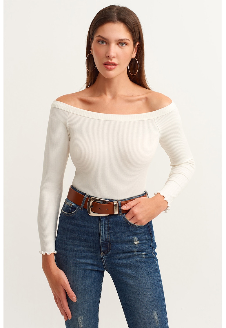 Bluza striata din jerseu cu decolteu pe umeri