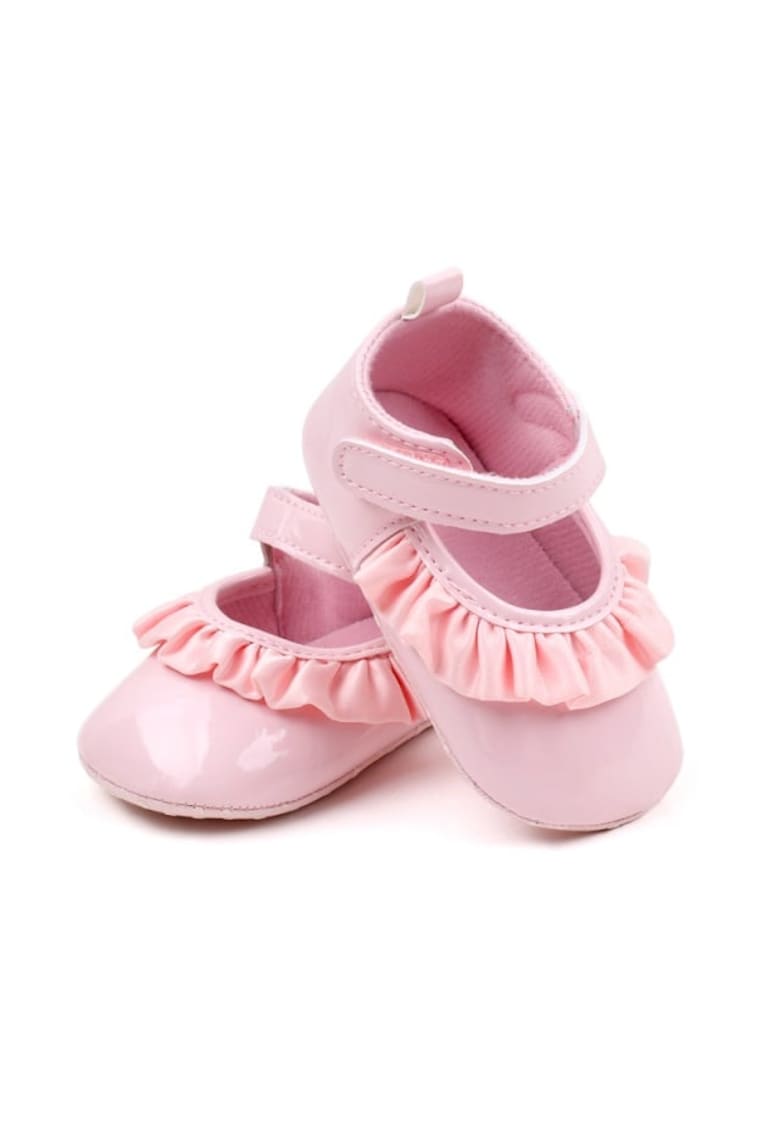 Pantofi Cu Volanas - Piele Ecologica Lacuita - Elegant - Fete - Velcro - Roz
