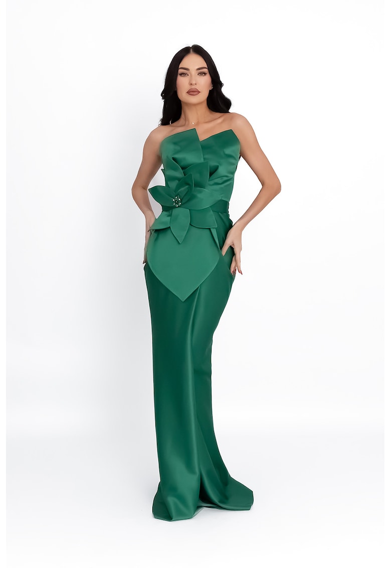 Rochie cambrata lunga cu aspect de satin si aplicatii - Verde inchis
