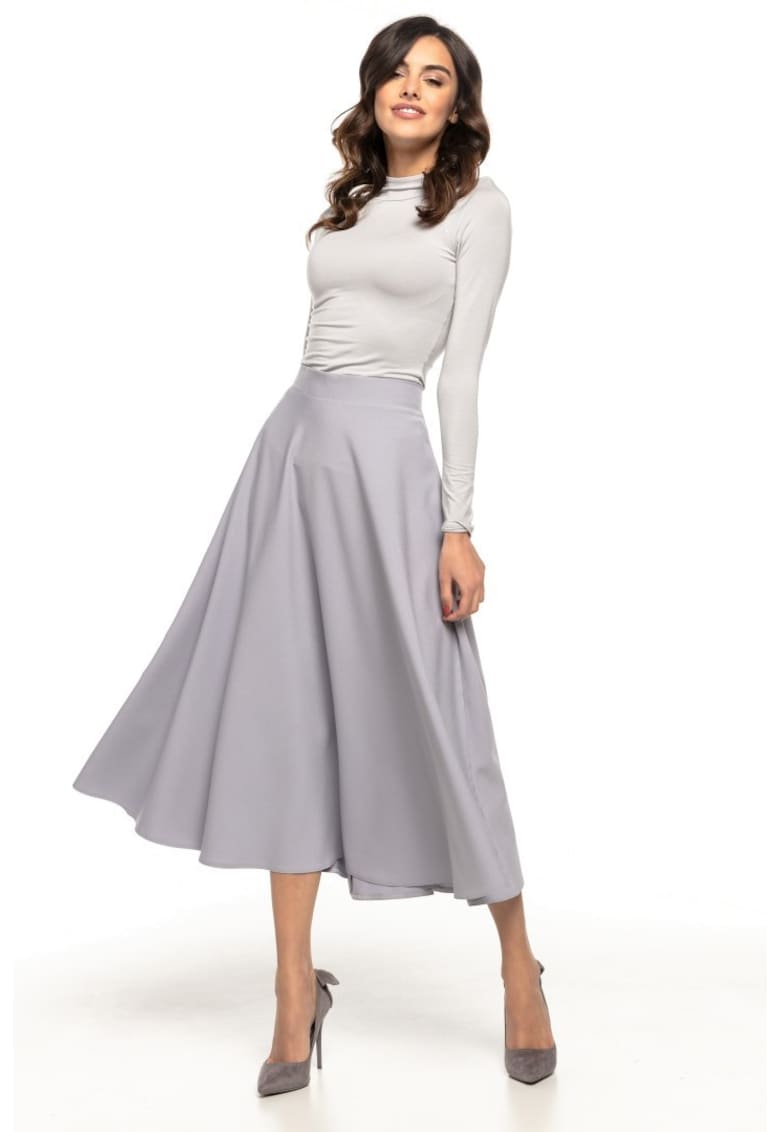 Fusta midi cu croiala pe bie si talie inalta T260 - gri