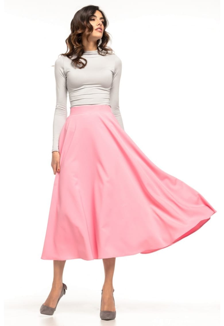 Fusta midi cu croiala pe bie si talie inalta T260 - roz deschis