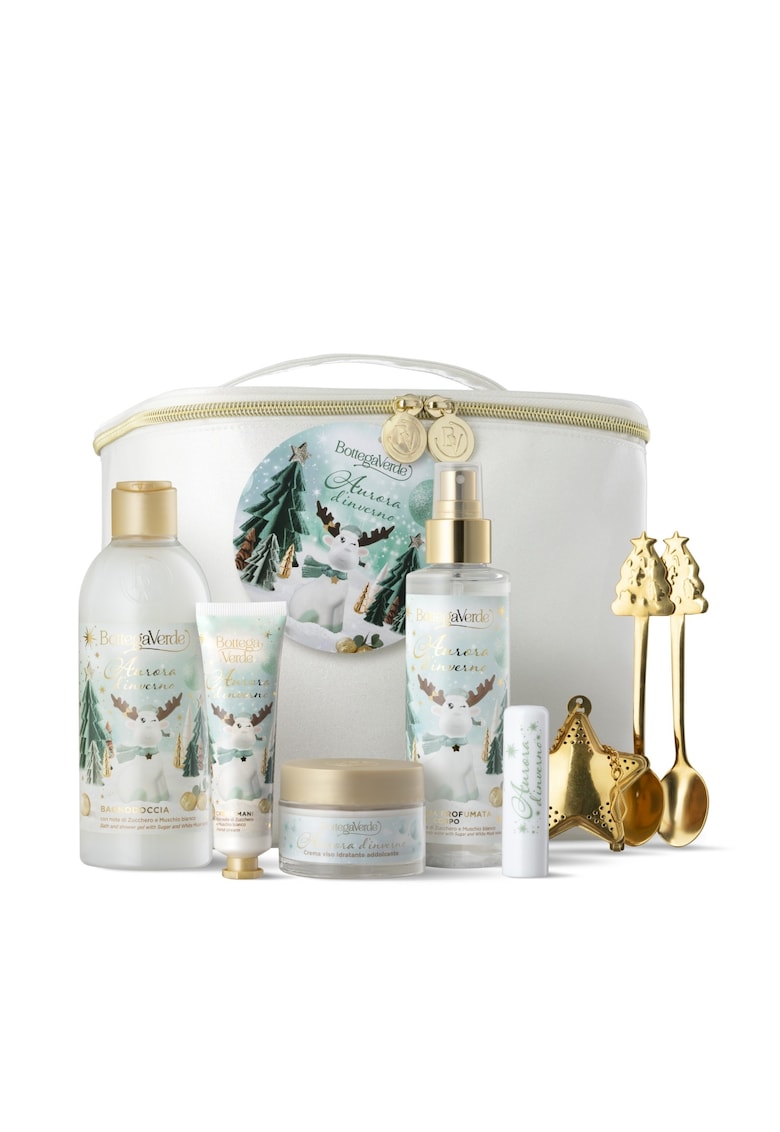 Set Cadou Femei -  Aurora D'inverno - Ingrijire Delicata cu Arome Festive de Zahar si Mosc Alb - Gel de Dus - Crema de Maini - Balsam de Buze - Crema de Fata si Deodorant Spray - Hidrateaza si Curata Pielea - 150 ML - 250 ML - 30 ML - 50 ML - 4 ML