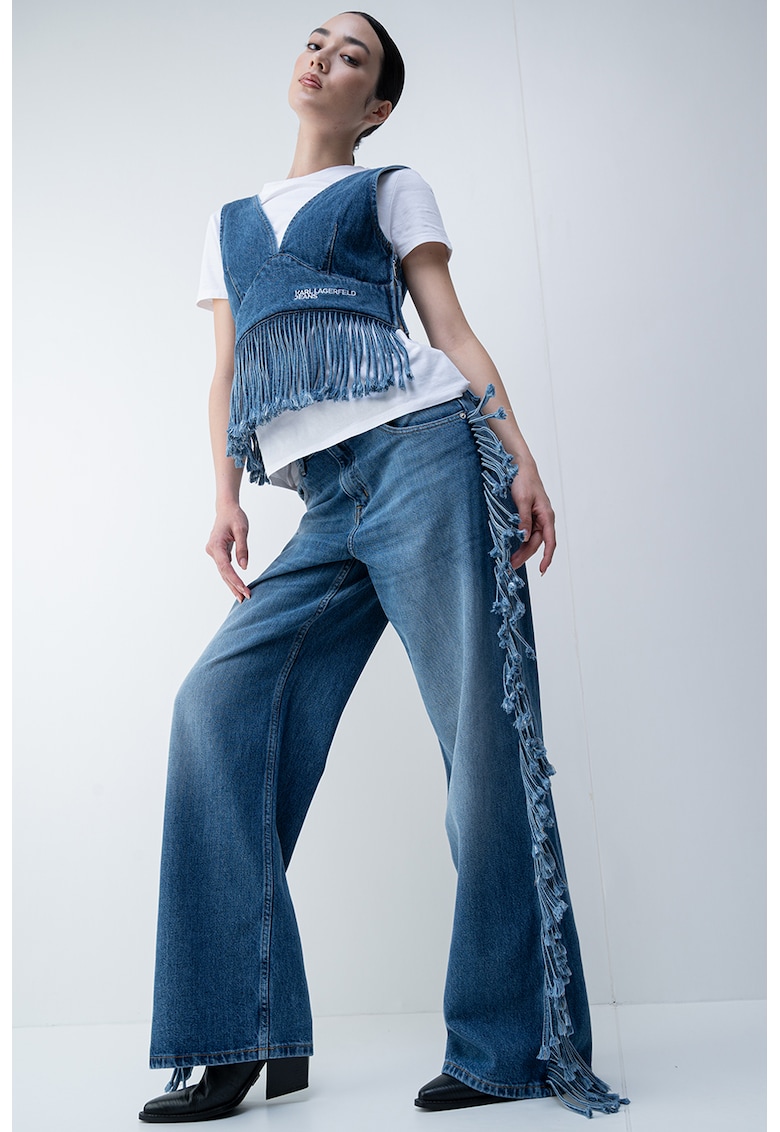 Top crop de denim cu terminatie franjurata