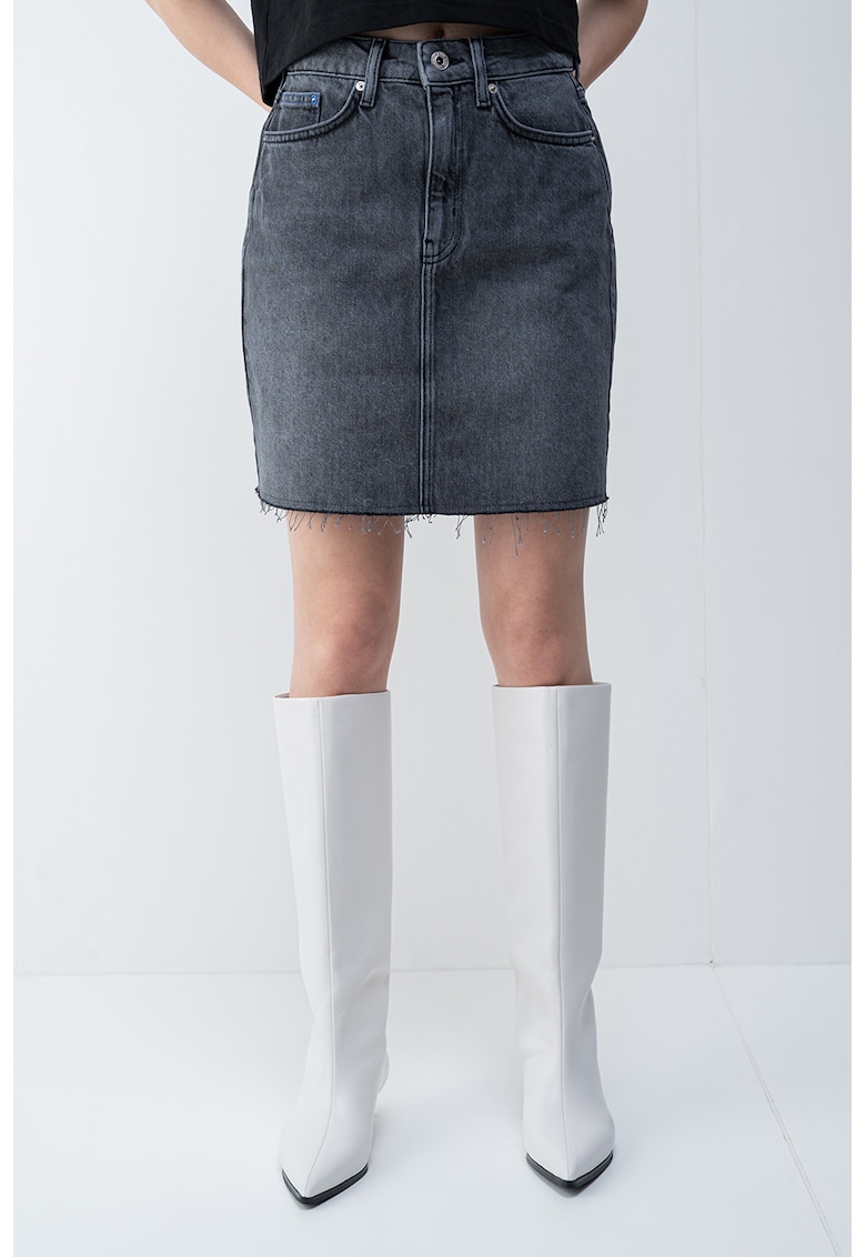 Fusta mini de denim cu imprimeu grafic pe spate