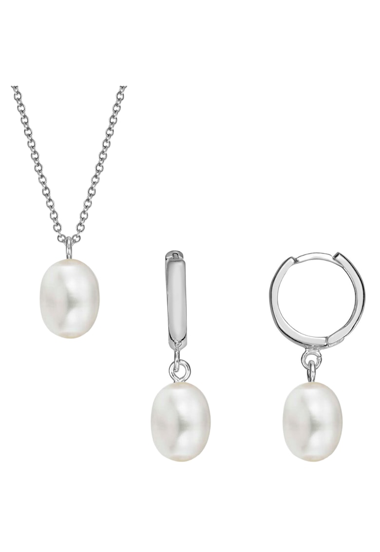 Set argint 925 cu perle naturale 8 mm leverback + lant - Alb