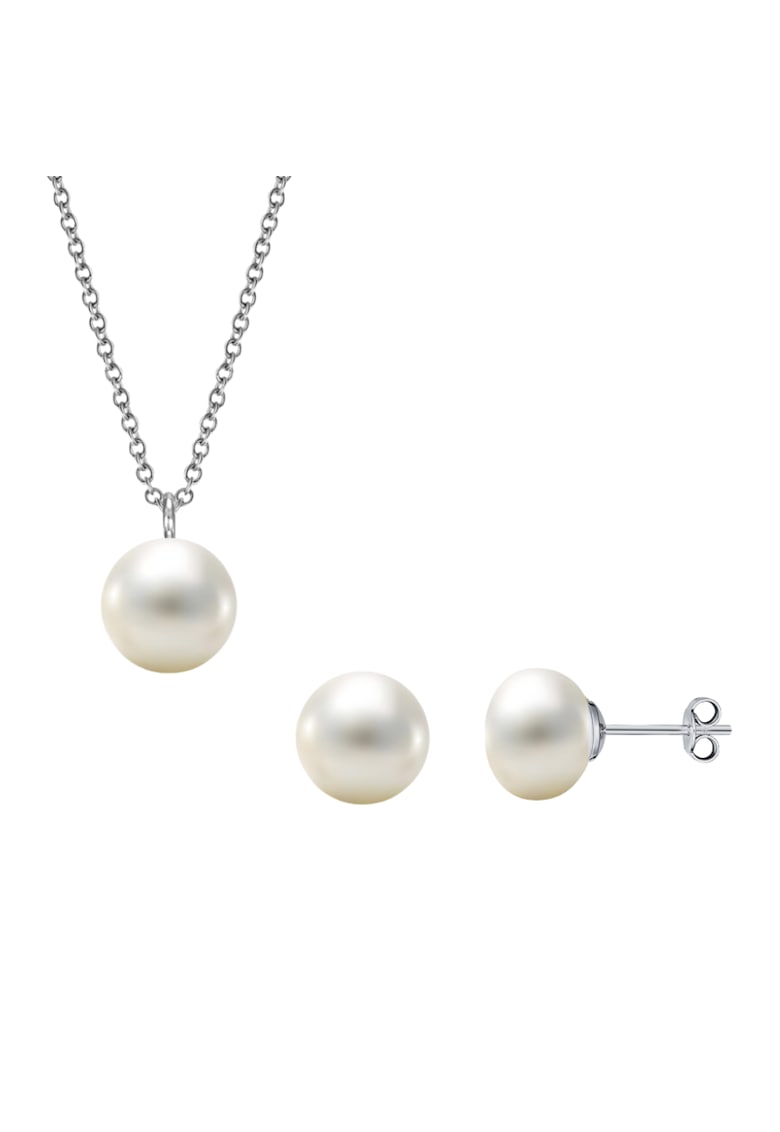 Set argint 925 cu perle naturale 6 mm + lant si pandantiv 8 mm - Bej deschis