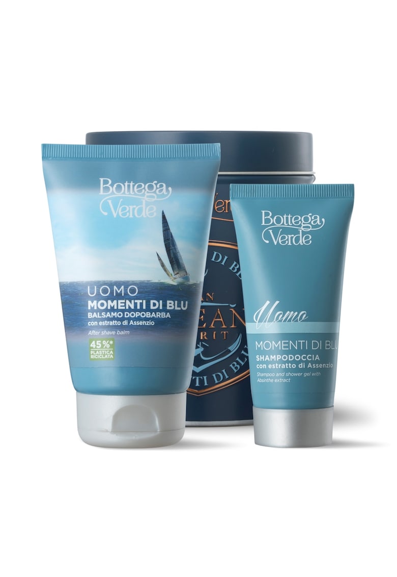 Set Cadou Barbati - Ingrijire Corp si Barba -  Cu Extract de Absint - Momenti di Blu - Gel de Dus si Balsam Dupa Ras - Hidrateaza si Curata Pielea - Ideal pentru Ingrijire Zilnica - 50 ml + 75 ml