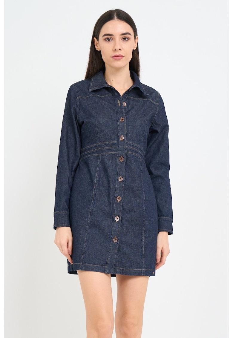 Rochie dama din denim cu maneca lunga si logo - Albastru