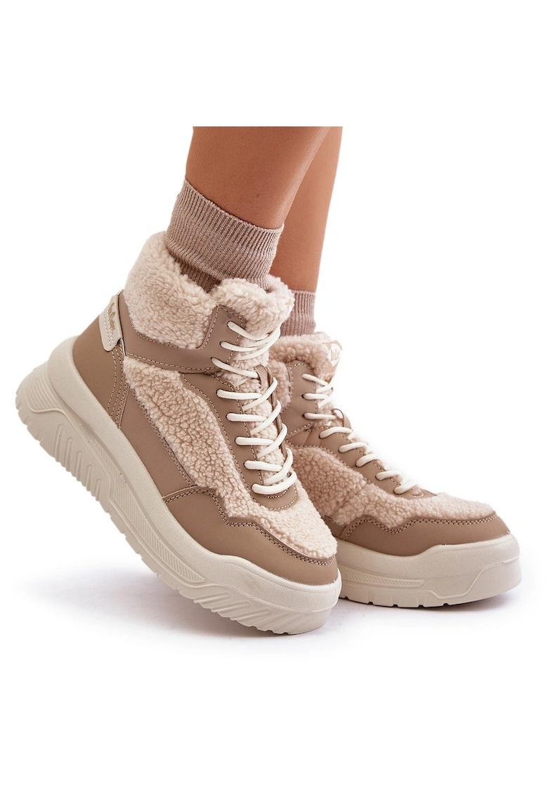 Tenisi dama - Lee Cooper - cu platforma - blana de oaie - bej - piele ecologica/textil