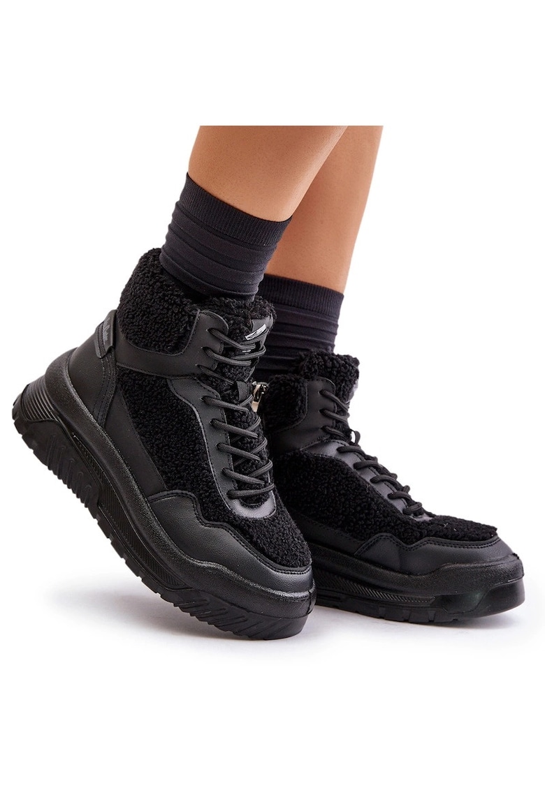 Tenisi dama - Lee Cooper - cu platforma - blana de oaie - negru - piele ecologica/textil