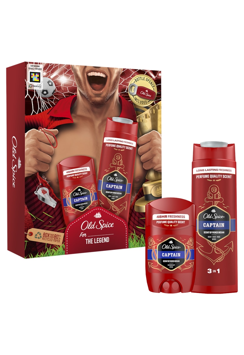 Set cadou  Footballer Captain: Gel de dus - 250 ml + Deodorant stick - 50 ml + Desfacator de sticle