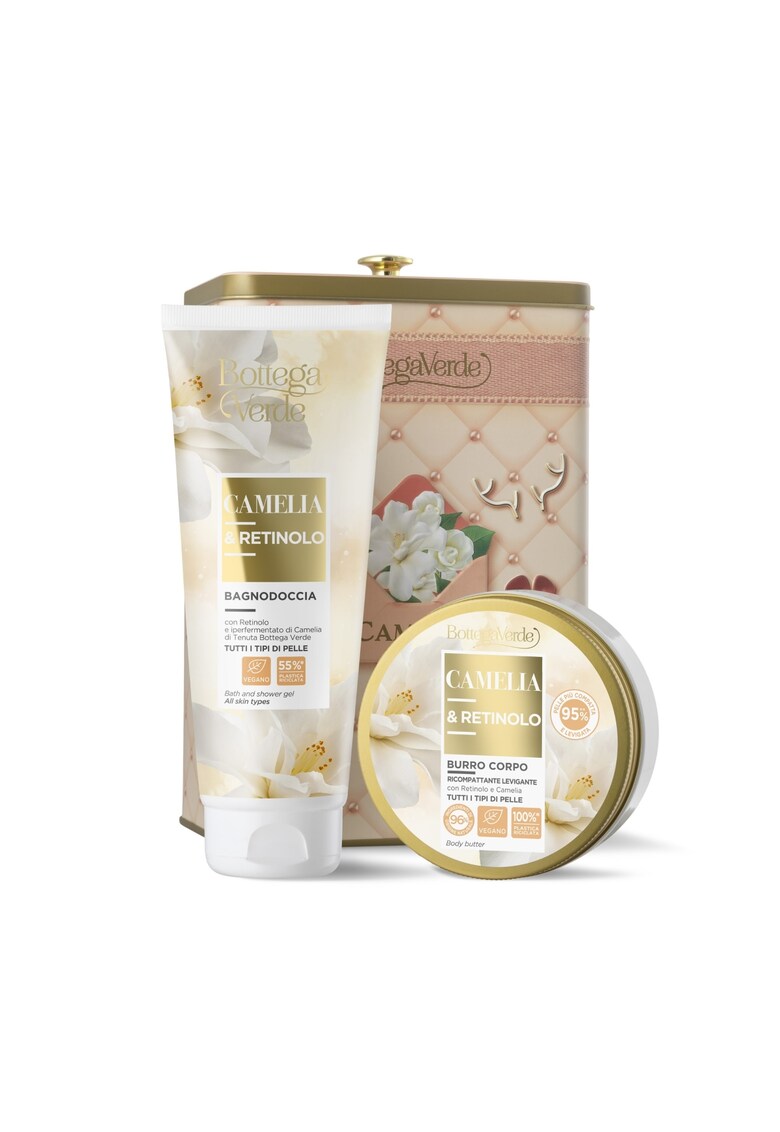 Set cadou ingrijire corp cu extract de petale de crin - in cutie metalica - Camelia e retinolo - 150 ML - 200 ML -