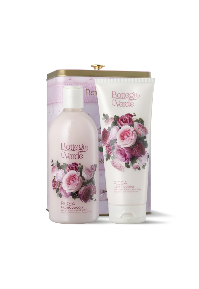 Set cadou ingrijire corp cu apa din muguri de trandafiri - in cutie metalica - Rosa - 200 ML - 400 ML -