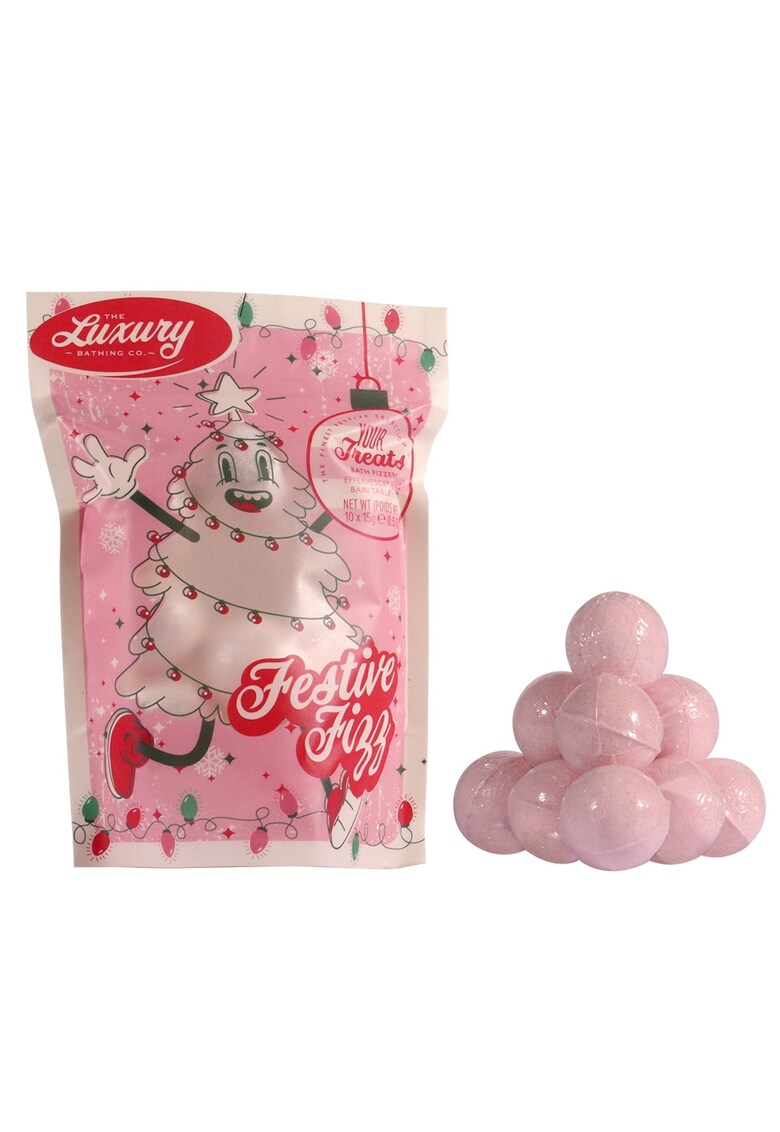 Set Cadou Festive Fizz - Candy Canes - Cocoa & Vanilla Swirl - Bile de Baie in Punga Printata Festiv - 10 x 15 g