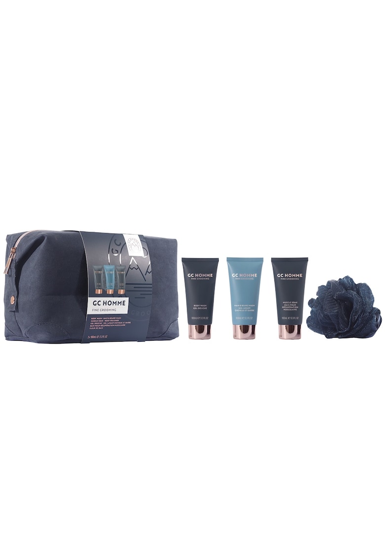Set Cadou Groom & Go - GC Homme Fine Grooming - Gel de Dus - Sampon pentru Par si Barba - Spuma de Baie pentru Relaxarea Muschilor - Burete Exfoliant Corp - Portfard Reutilizabil - 4 articole