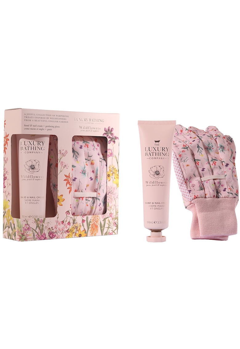 Set Cadou Perfect Duo - Wildflowers - Peony - Peach & Raspberry - Crema Maini si Unghii - Manusi pentru Gradinarit cu Print - 2 articole