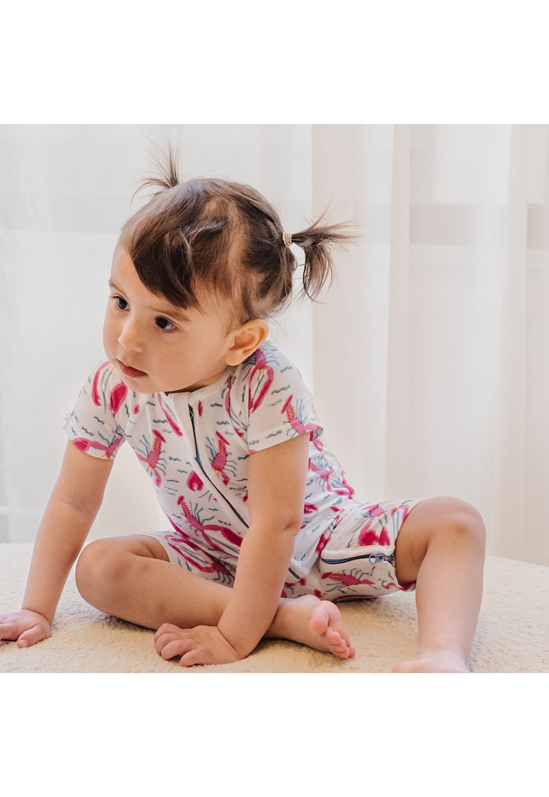 Pijamale scurte din bambus cu fermoar reversibil -  Shortie - Lobster - Alb cu model Homar Roz - pentru fetite