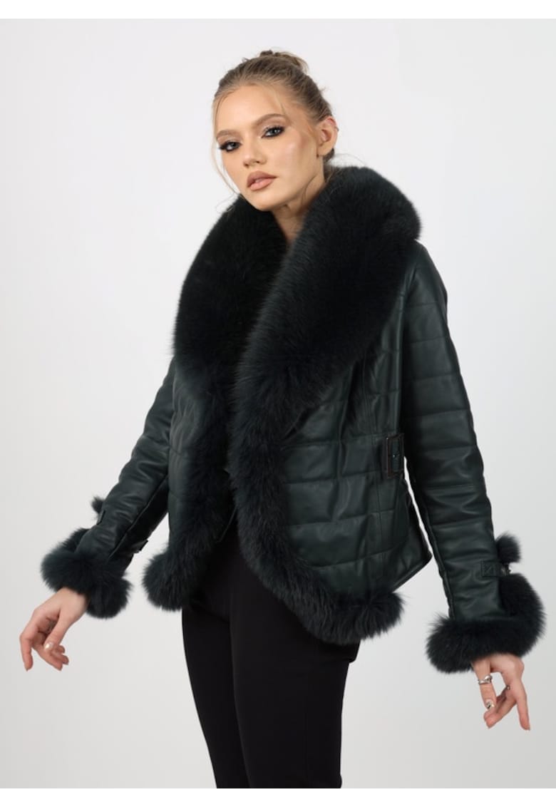Geaca de Dama din Piele cu Vatelina si Guler din Vulpe Argintie - Model Eden