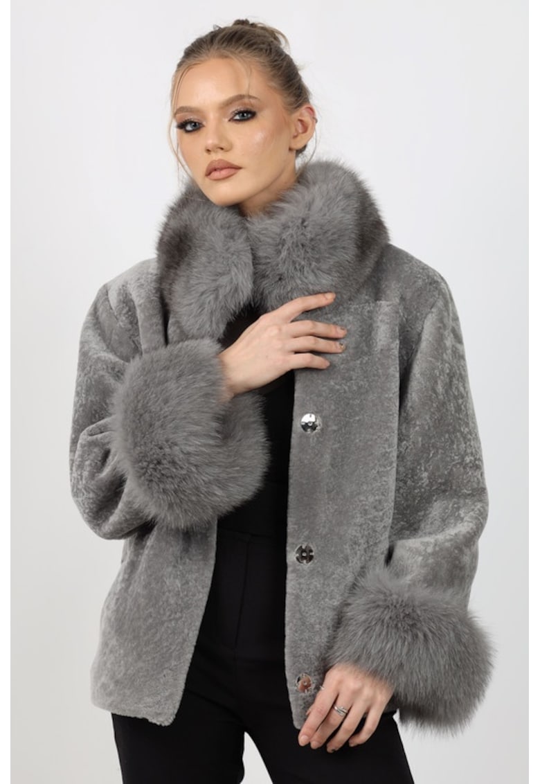 Capa de Dama din Blana de Miel Australian si Guler din Vulpe Argintie - Model Mirela