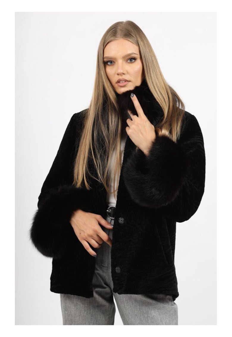 Capa de Dama din Blana de Miel Australian si Guler din Vulpe Argintie - Model Mirela