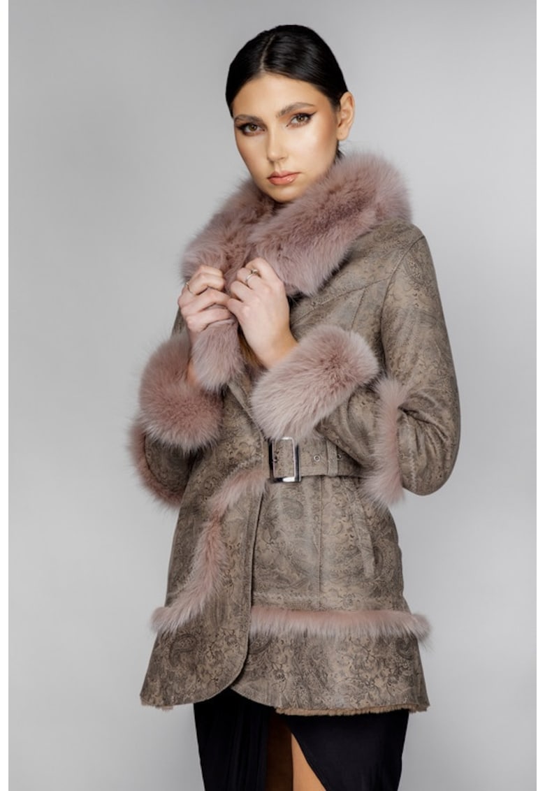 Cojoc de Dama din Blana de Miel si Vulpe Argintie - Norvegia Crem Imprimat