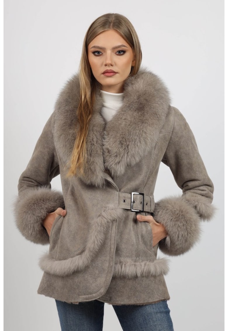 Cojoc de Dama din Blana de Miel si Vulpe Argintie - Model Norvegia Bej