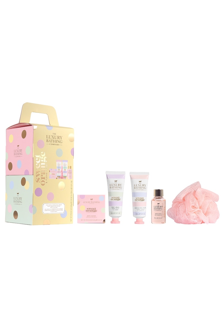 Set Cadou Ultimate Stacking Treats - Sweet Orange & Ylang Ylang - Gel de Dus - Crema Maini si Unghii - Crema Corp - Sare de Baie - Burete Exfoliant Corp - 5 articole