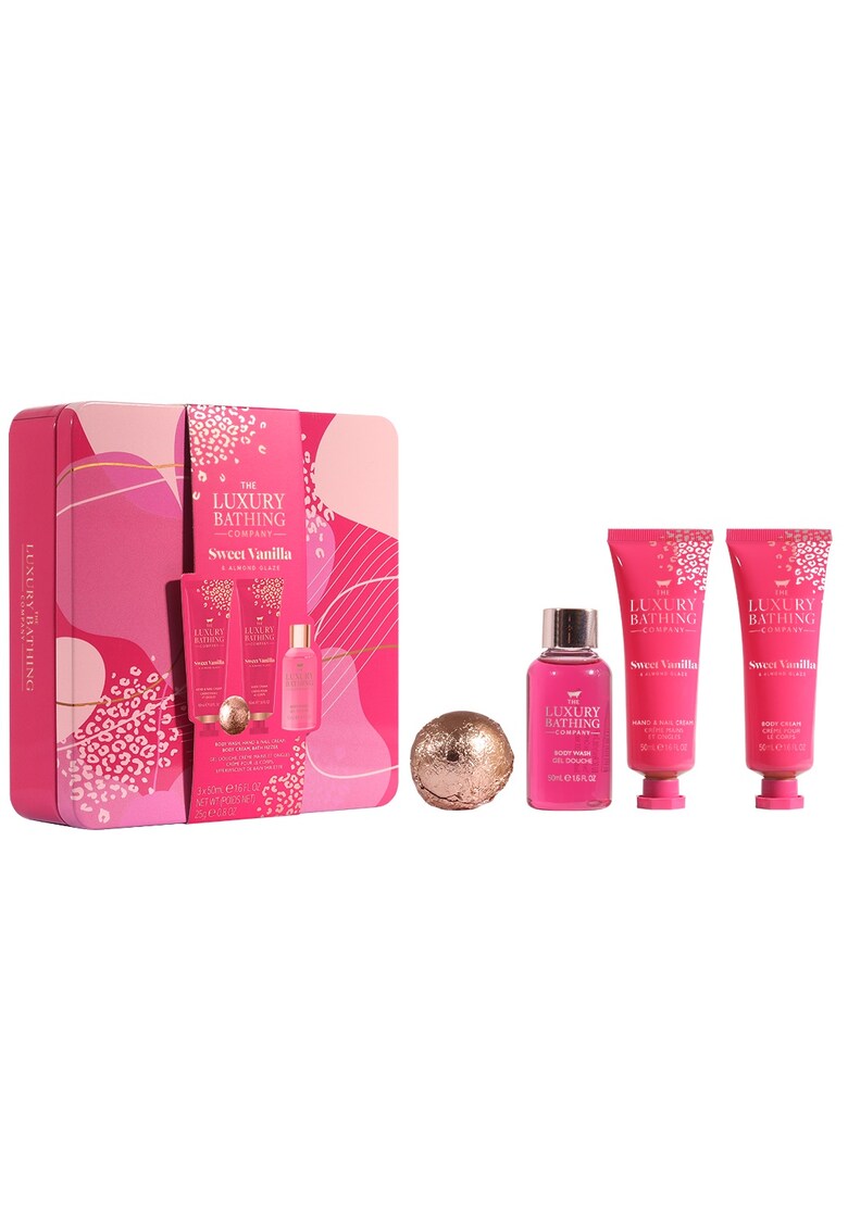Set Cadou Relax & Unwind - Sweet Vanilla & Almond Glaze - Crema Maini si Unghii - Crema Corp - Gel de Dus - Bila de Baie - Cutie Metalica cu Print si Capac - 4 articole