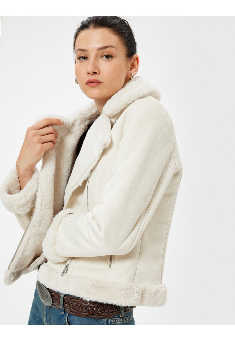 KOTO - Jacheta din piele intoarsa ecologica cu revere decupate - Alb