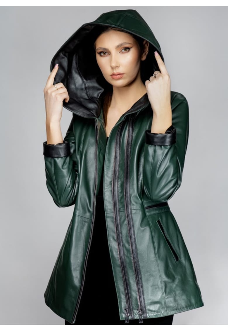 Geaca de Dama din Piele de Miel cu Gluga - Model Olimpia - Verde