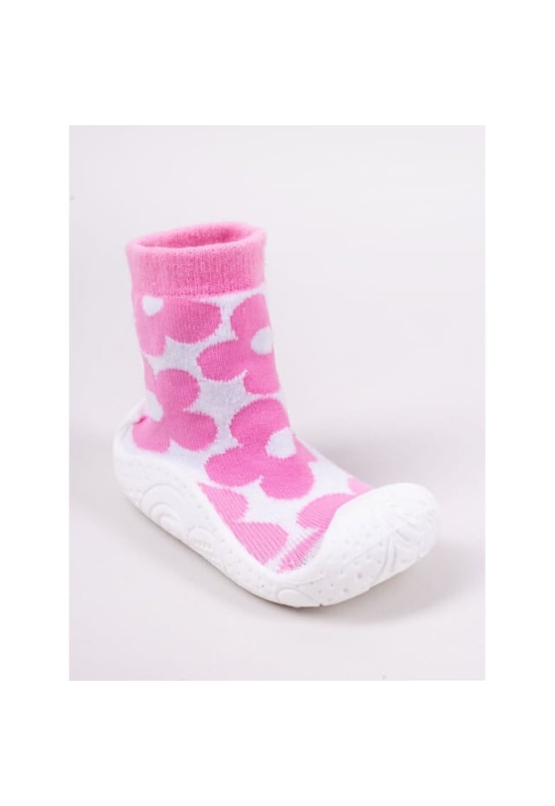 Botosi De Casa Cu Talpa Antiderapanta - Design Cu Flori - Textil - Fete - Alb - Roz