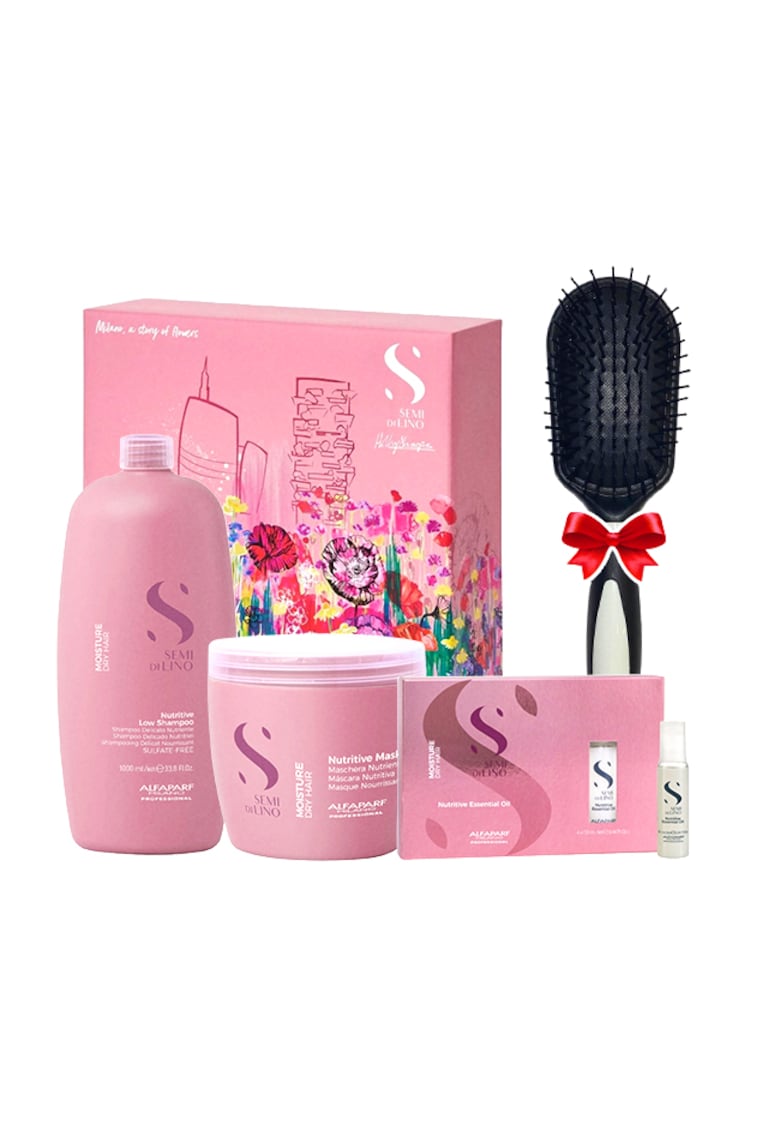 Set Semi Di Lino Moisture Nutritive cu 1000 ml Sampon + 500 ml Masca + 6 fiole x 13 ml Ulei + Perie par