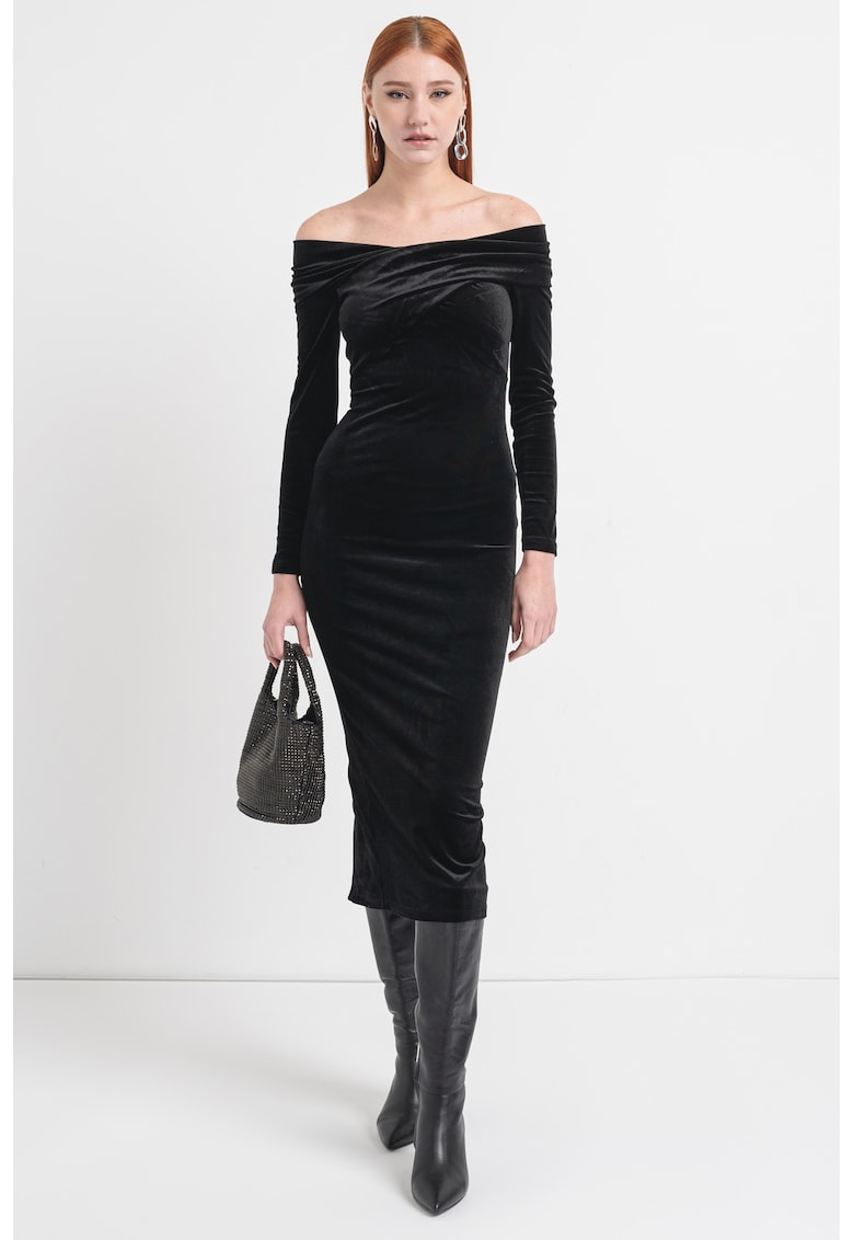 Rochie midi cu aspect de catifea si decolteu pe umeri