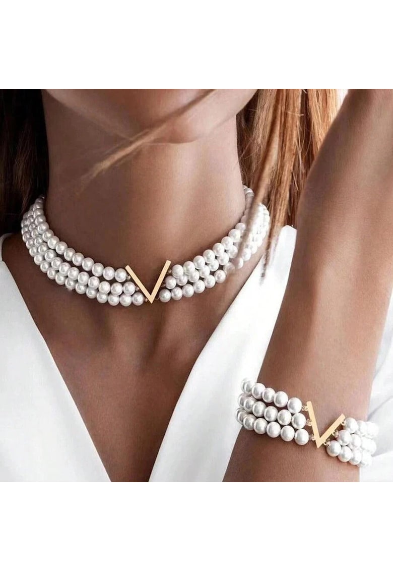 Set colier si bratara - elegant - auriu - cu perle - Inka C18 Set colier si bratara - elegant - auriu - cu perle - Inka C18