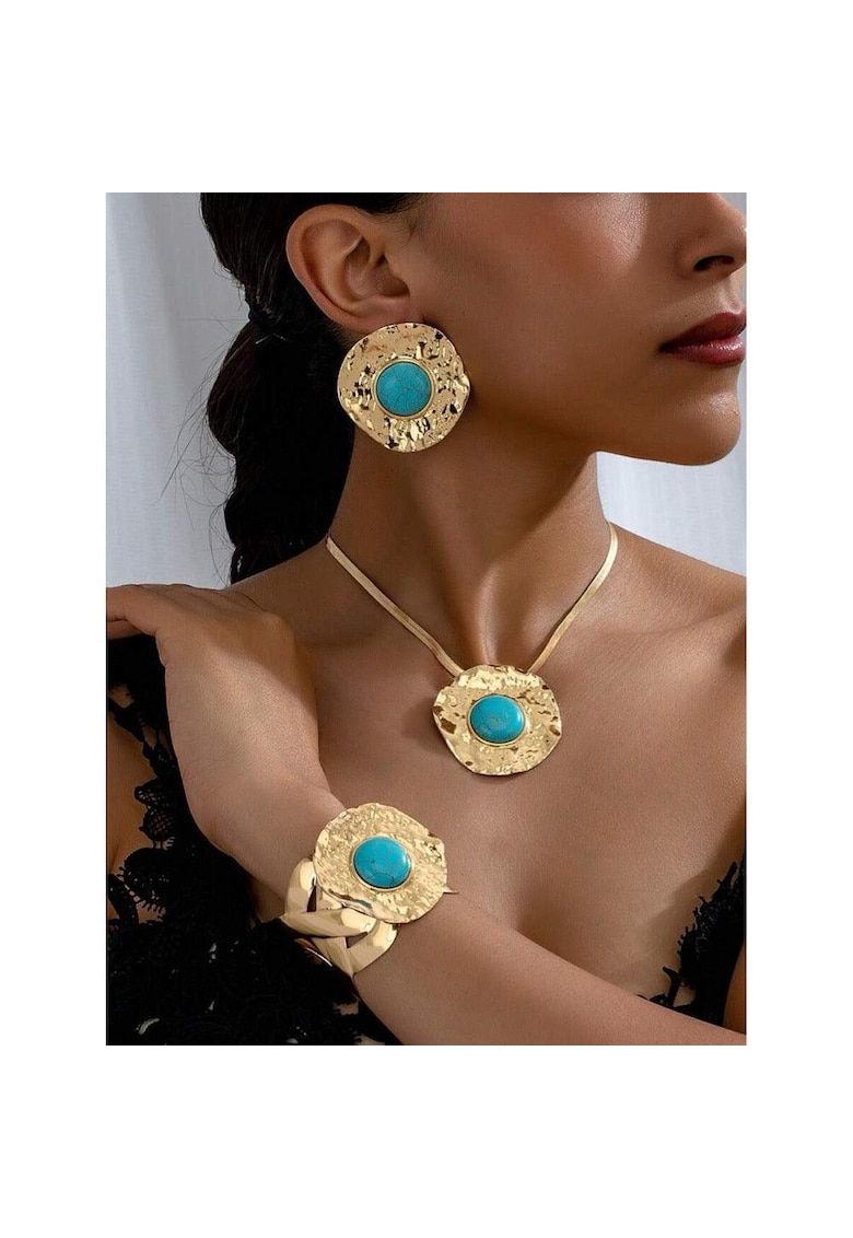 Set colier - bratara si cercei - aurii - texturate - cu pietre turquoise - Irene C18 Set colier - bratara si cercei - aurii - texturate - cu pietre turquoise - Irene C18