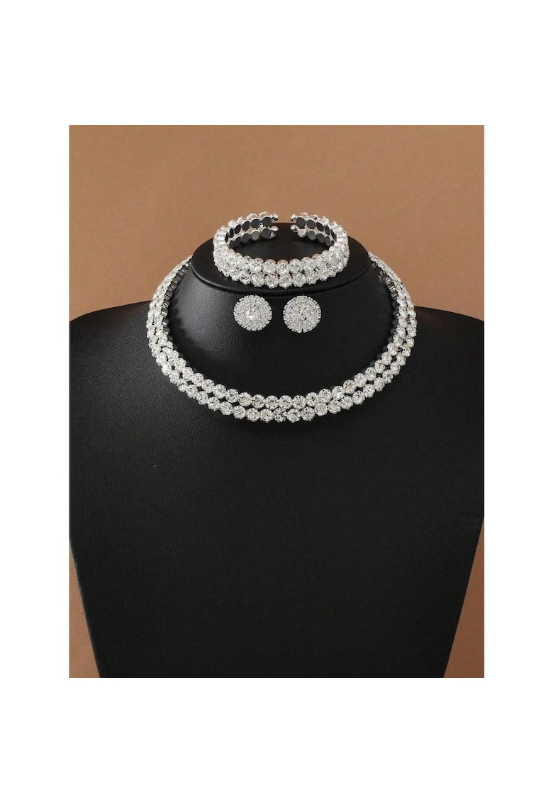 Set colier choker - bratara si cercei - argintiu - cu pietre - Jasmin C18