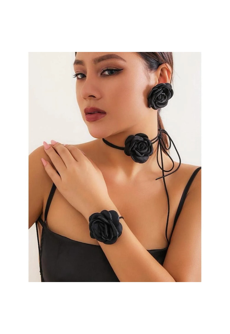Set colier choker - bratara si cercei - negru - cu flori - Jouko C19