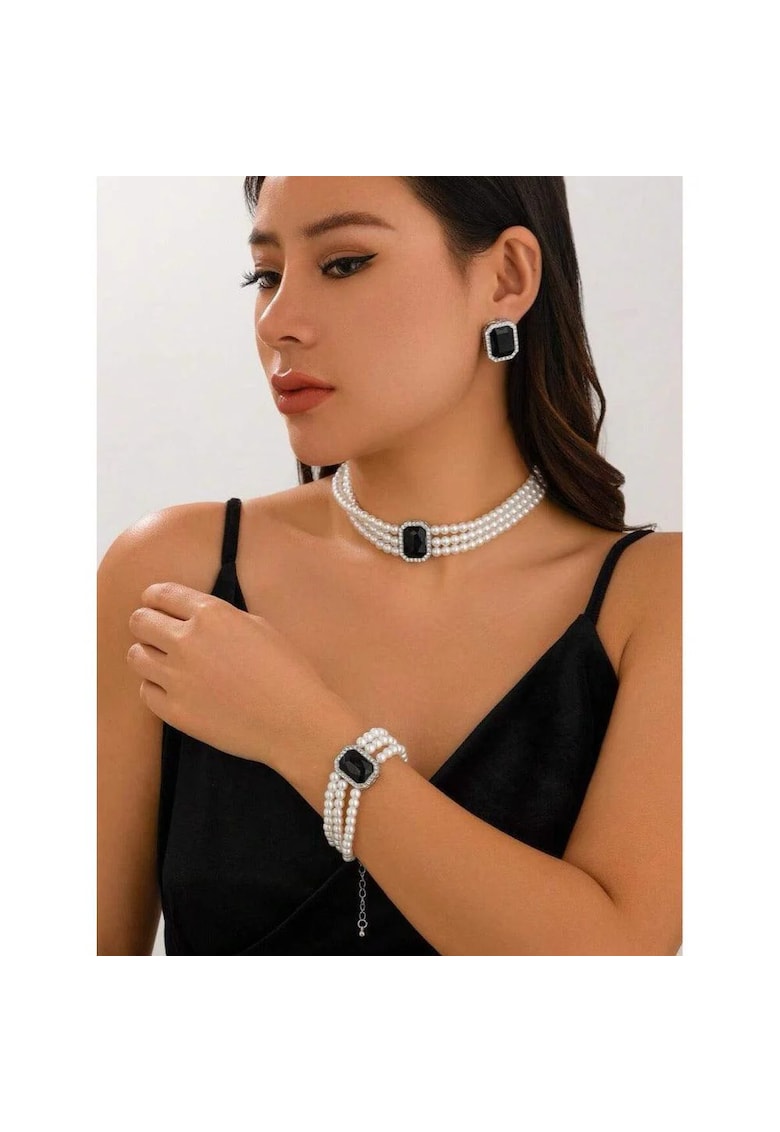Set colier - cercei - bratara - argintiu - cu perle si pietre negre - Kalevi C19