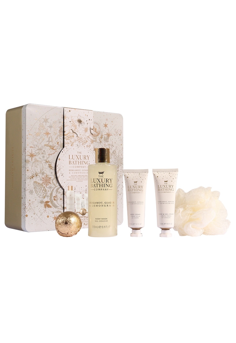 Set Cadou Luxury Bathing - Bergamot - Ginger & Lemongrass - Crema Corp - Crema Maini si Unghii - Bila de Baie - Gel de Dus - Burete Exfoliant Corp - Cutie Metalica Reutilizabila cu Capac - 5 articole