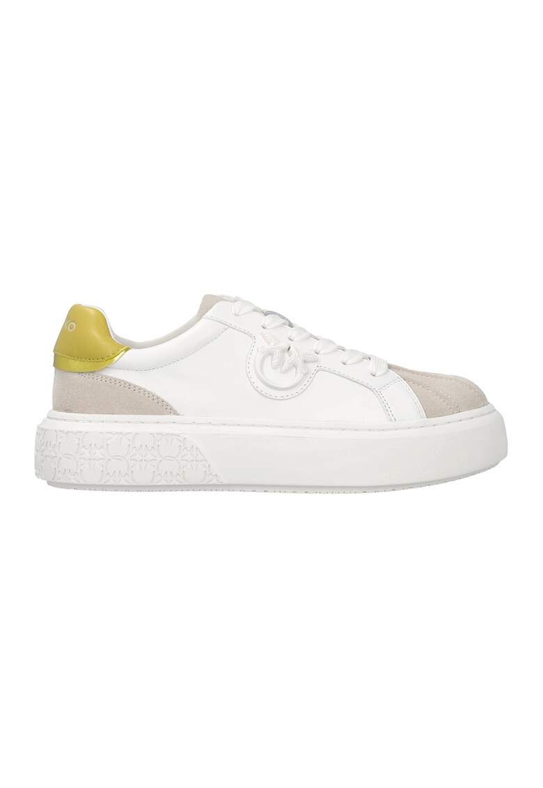 Pantofi sport de piele si piele intoarsa - Maro taupe deschis/Alb optic/Galben mustar