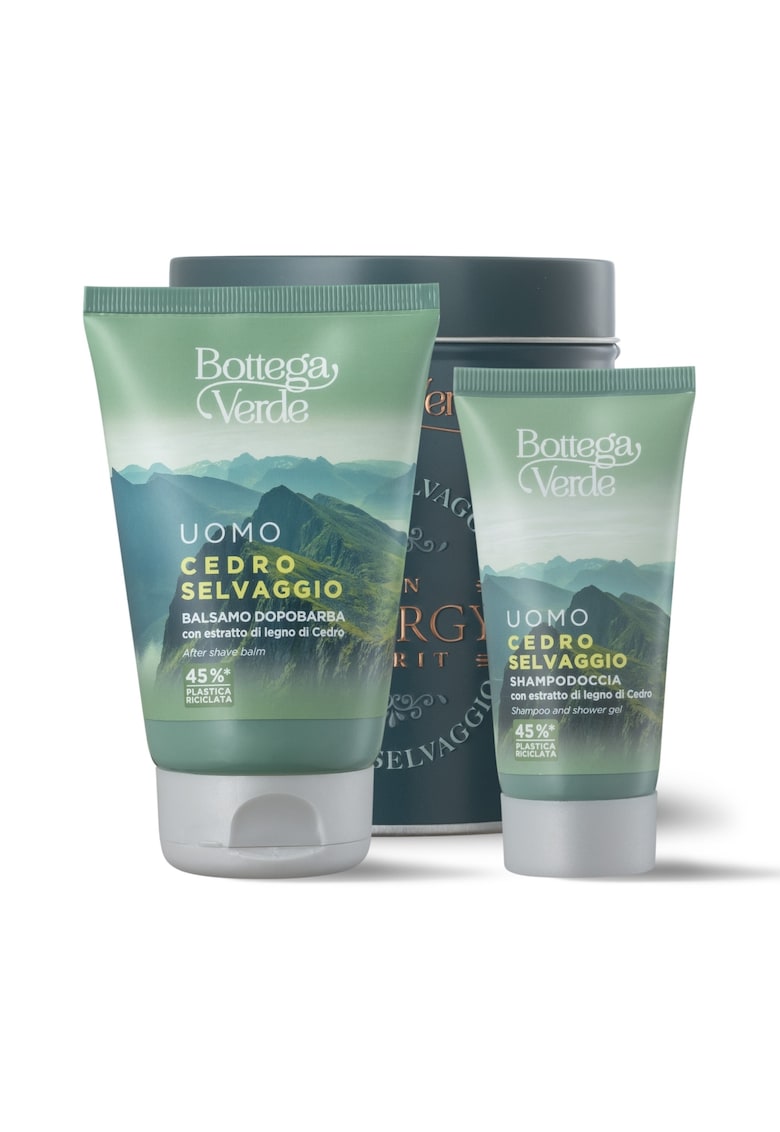 Set Cadou Barbati - Gel de Dus si Balsam Dupa Ras -  Cedro Selvaggio - Ingrijire Corp si Barba - cu Extract de Lemn de Cedru - In Cutie Metalica - Hidrateaza - Curata si Revitalizeaza Pielea - 50 ml + 75 ml