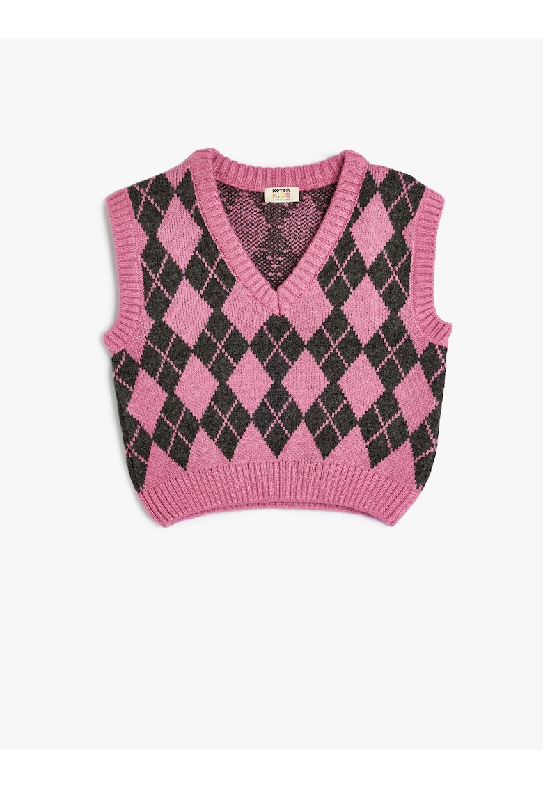 Vesta din tricot cu decolteu in V si carouri