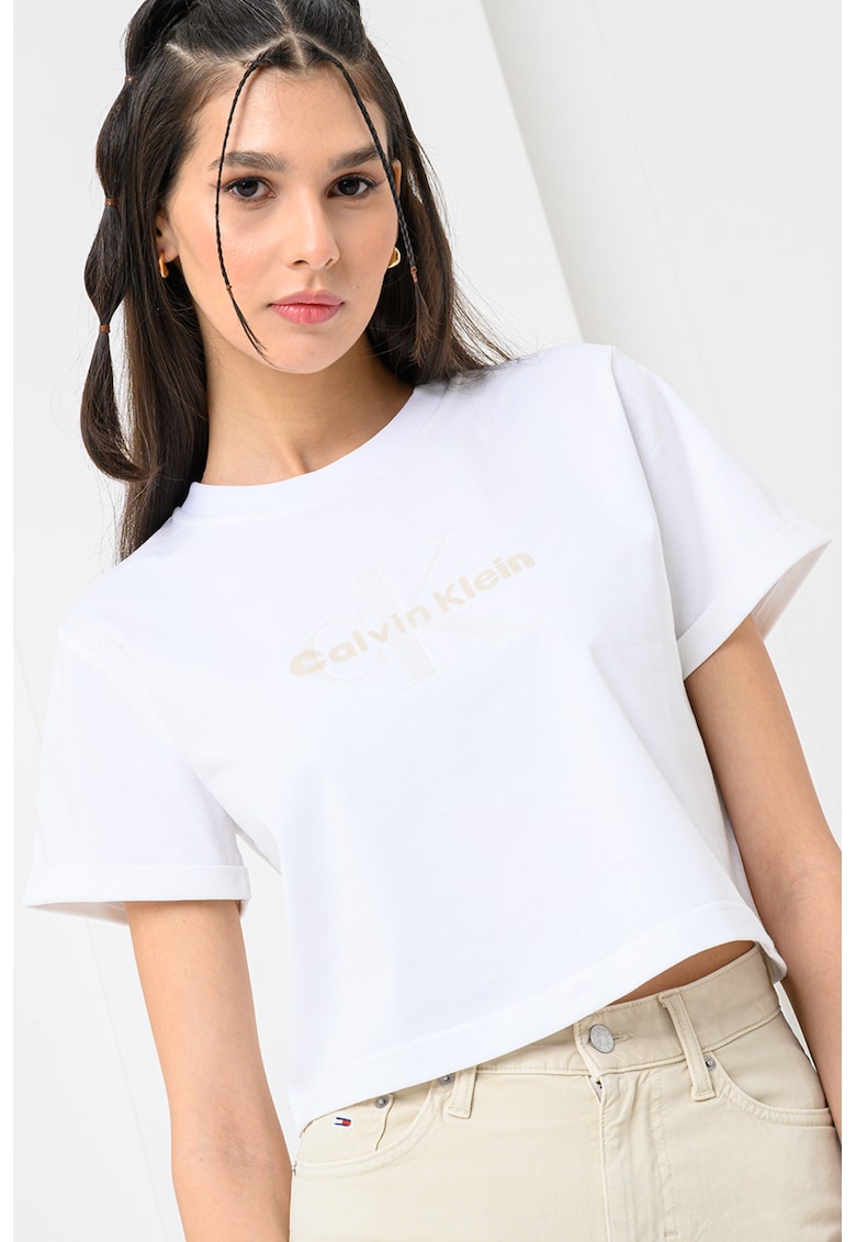 Tricou crop de bumbac organic cu imprimeu logo