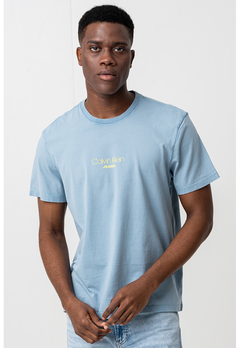 Tricou de bumbac cu decolteu la baza gatului - Albastru glaciar