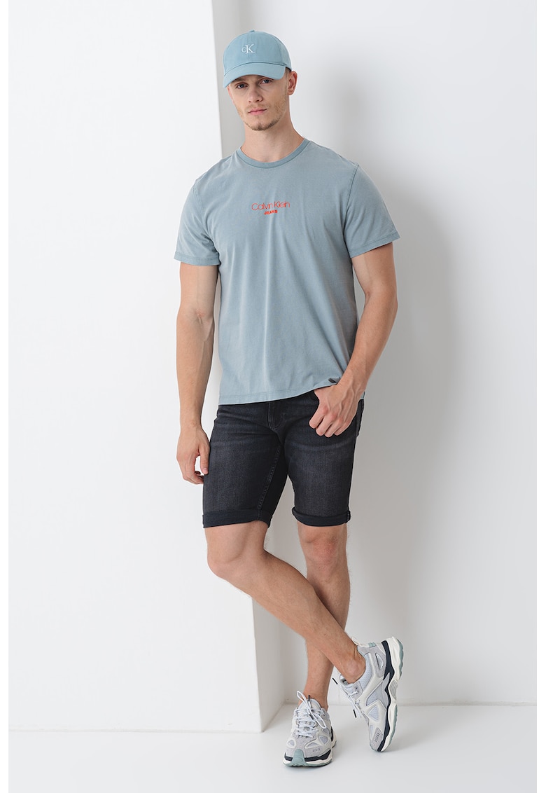 Tricou de bumbac cu decolteu la baza gatului - Albastru prafuit/Portocaliu mandarina