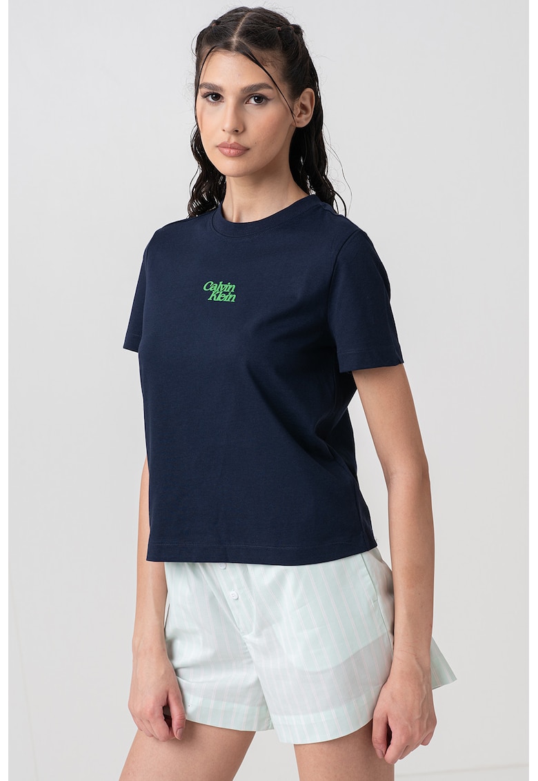 Tricou de bumbac cu logo - Verde pal/Bleumarin