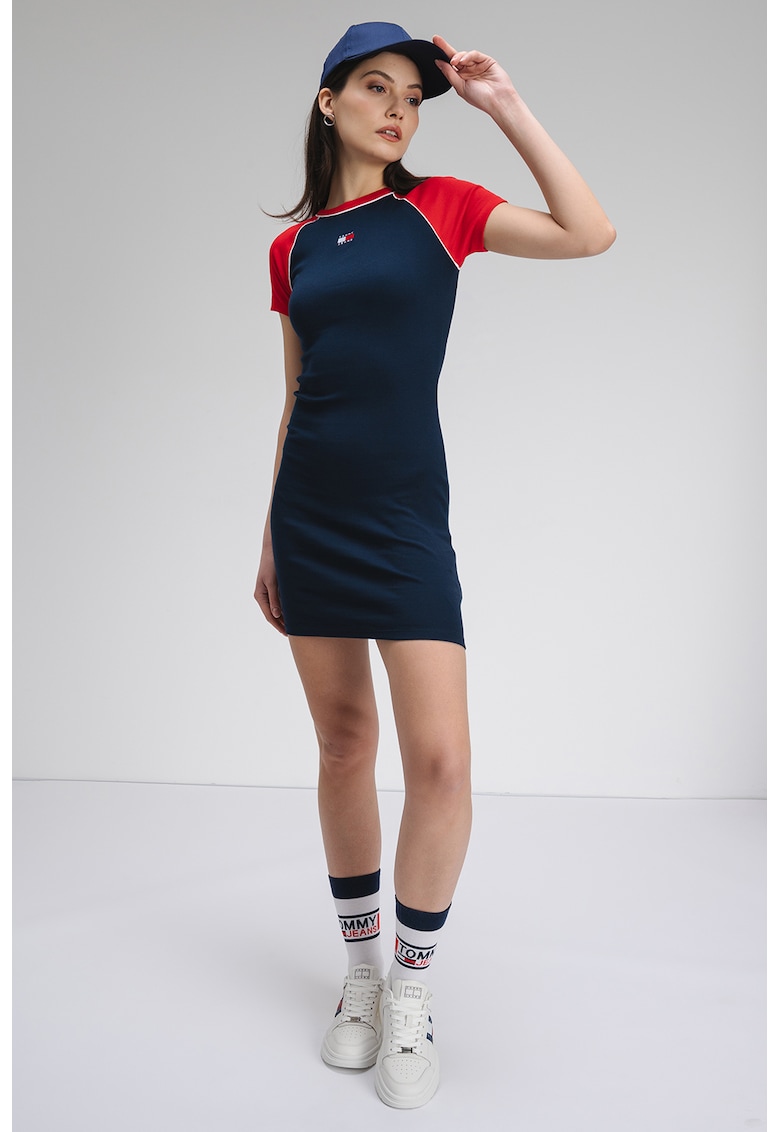 Rochie cambrata cu maneci raglan - Rosu/Bleumarin