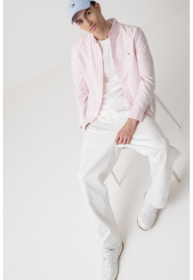 Camasa slim fit cu model in dungi si broderie logo