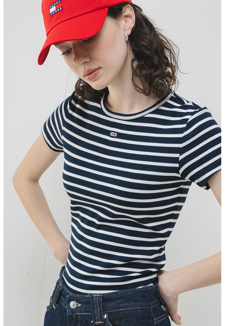 Tricou slim fit striat - Alb optic/Bleumarin