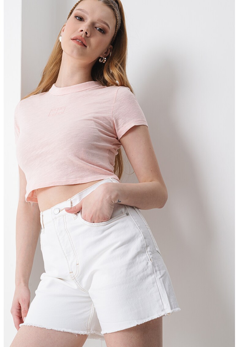 Tricou crop cu decolteu la baza gatului - Roz pastel